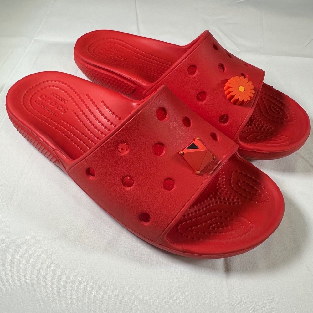 Crocs Ionic Comfort Red Slides Sandals Matching Charms Jibbitz W 7 M 5 Flower - Picture 3 of 7